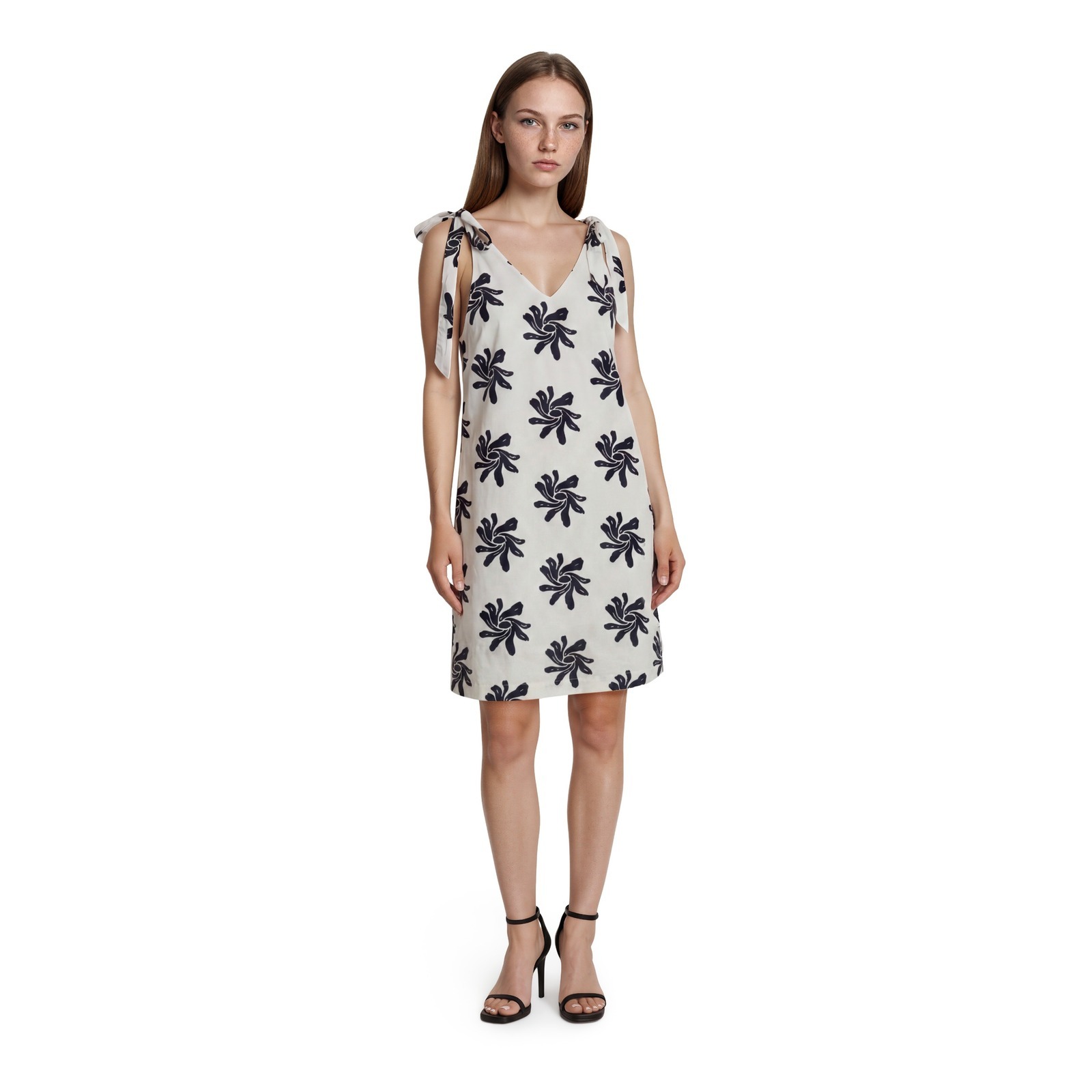 Thml Tie Shoulder Dress Women's Size Small Cream Navy Floral Sunburst Lined